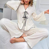 Women's V-Neck Lace-Up Cloth Cardigan Long Sleeve Pants Pajamas Loungewear Sets