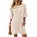 Women's Loose Pockets Back V-Neck Short Sleeve Jumpsuits