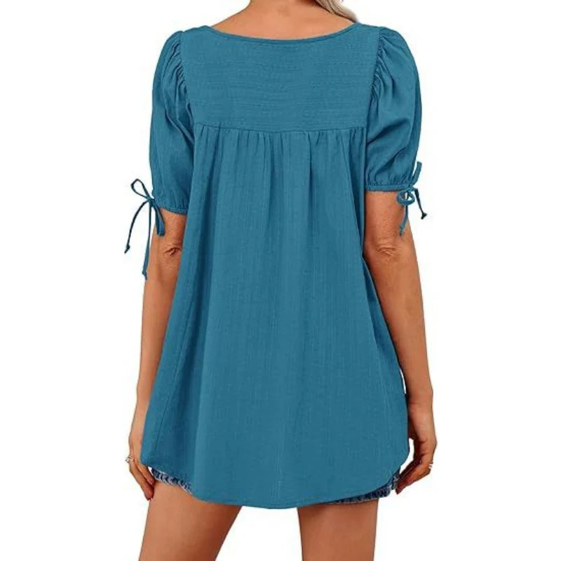 Womens Square Neck Babydoll Tops Summer Puff Short Sleeve Tunic Shirts Casual Loose Fit Blouse