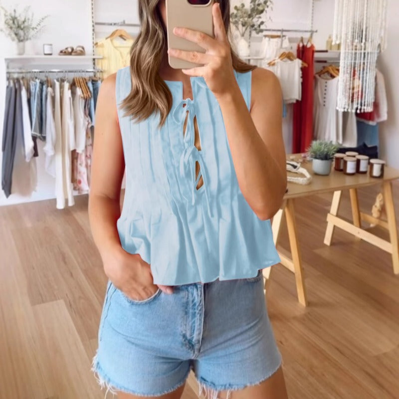Women's Solid Color Cotton And Linen Pleated Strap-On Shirt