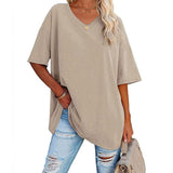 Womens Oversized T Shirts Summer Loose Fit Cotton Short Sleeve Basic Tees Casual V Neck Boyfriend Tunic Tops