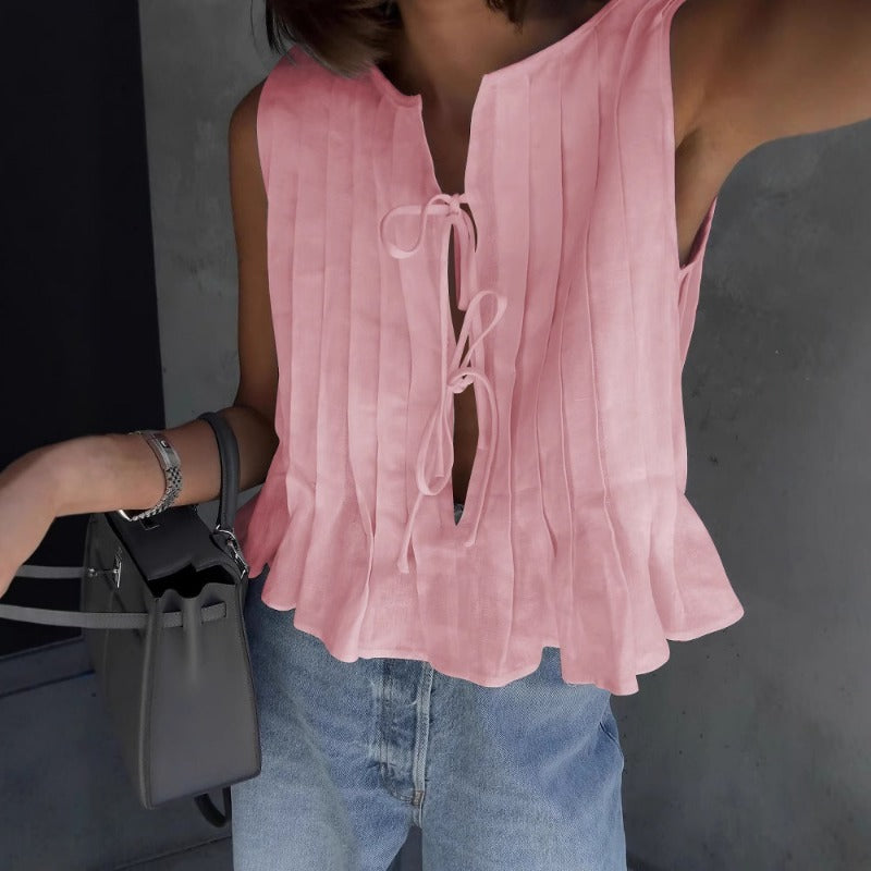 Women's Solid Color Cotton And Linen Pleated Strap-On Shirt