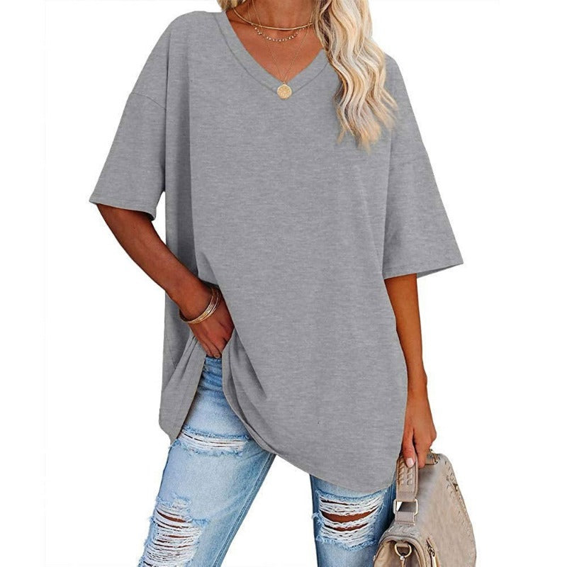 Womens Oversized T Shirts Summer Loose Fit Cotton Short Sleeve Basic Tees Casual V Neck Boyfriend Tunic Tops
