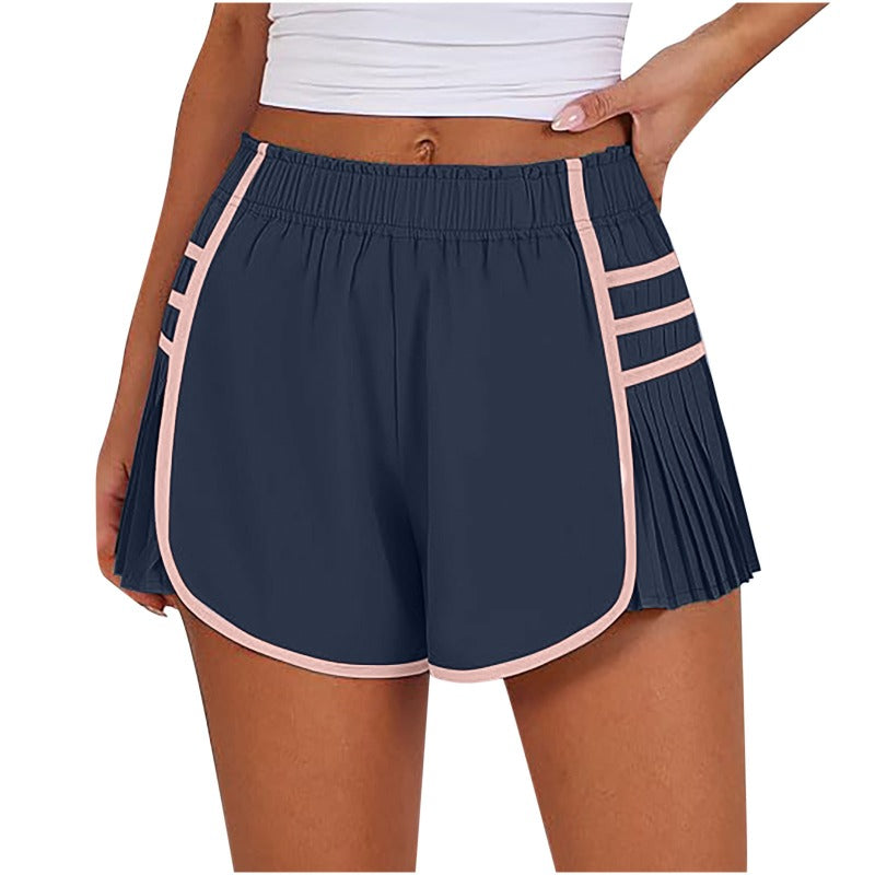 Womens Workout Gym Shorts Running Pleated Contrast Stitch Elastic Waist Athletic Quick Dry Shorts