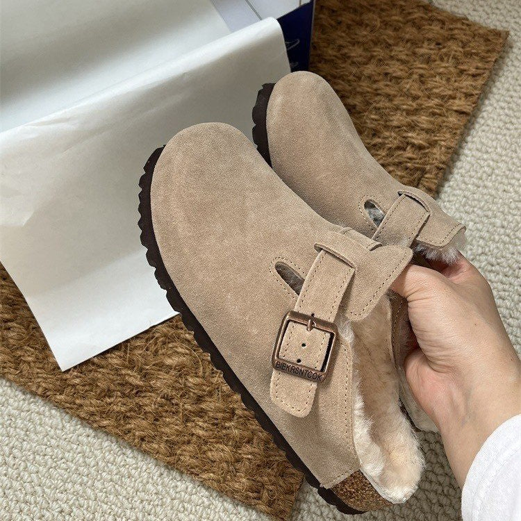 Kimemoda Women's Suede Thick-soled Fur Shoes Birkenstock Fur Slippers