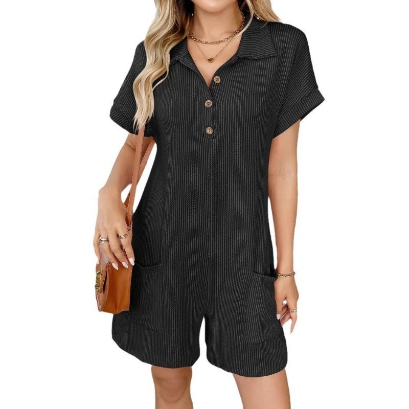 Women's Lapel Button Loose Pocket Short Sleeve Jumpsuits
