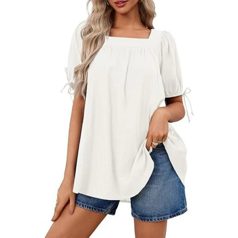 Womens Square Neck Babydoll Tops Summer Puff Short Sleeve Tunic Shirts Casual Loose Fit Blouse