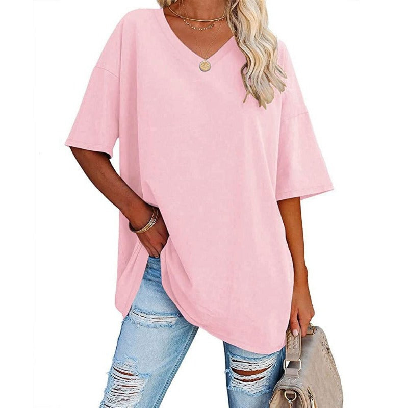 Womens Oversized T Shirts Summer Loose Fit Cotton Short Sleeve Basic Tees Casual V Neck Boyfriend Tunic Tops