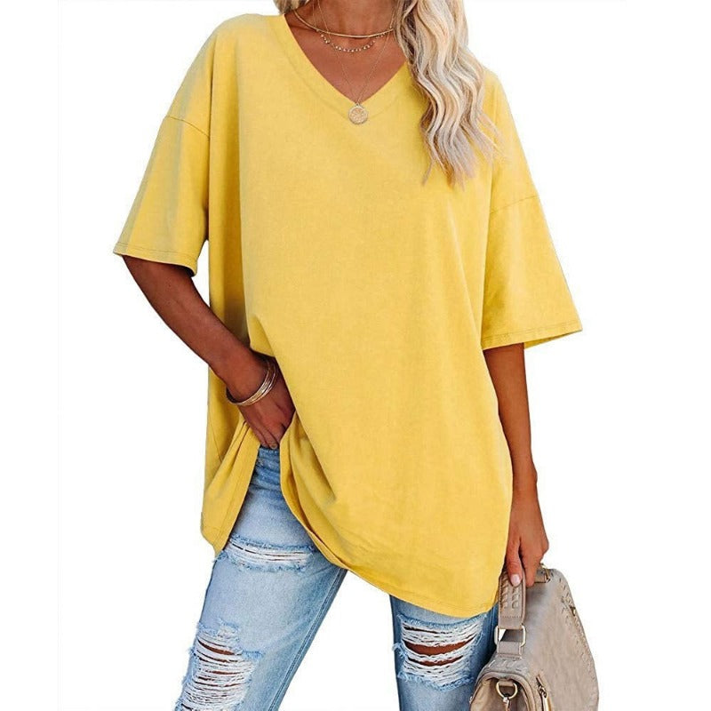 Womens Oversized T Shirts Summer Loose Fit Cotton Short Sleeve Basic Tees Casual V Neck Boyfriend Tunic Tops