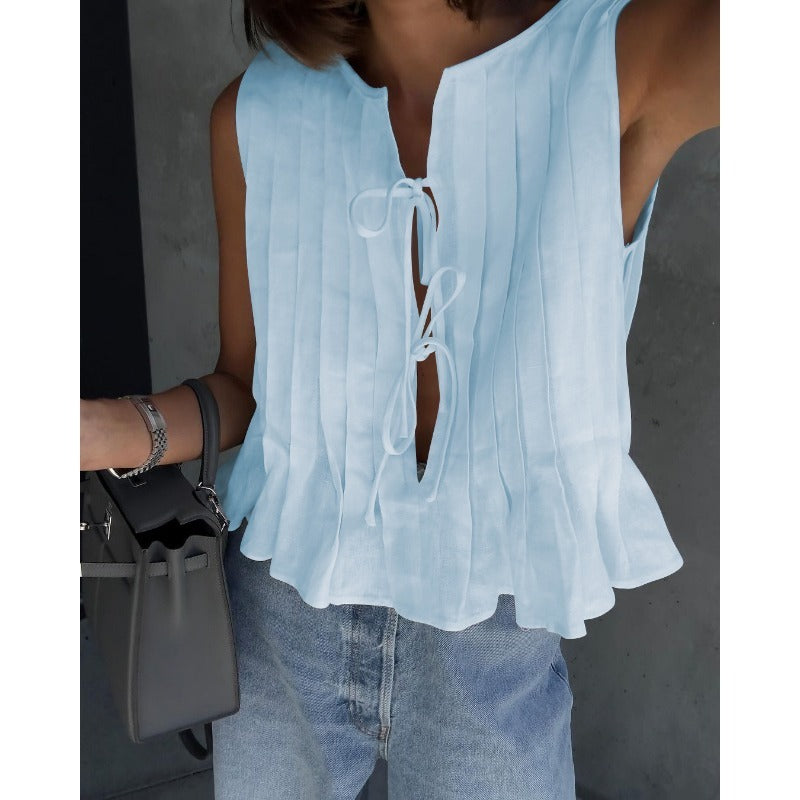 Women's Solid Color Cotton And Linen Pleated Strap-On Shirt