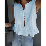 Women's Solid Color Cotton And Linen Pleated Strap-On Shirt