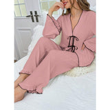 Women's V-Neck Lace-Up Cloth Cardigan Long Sleeve Pants Pajamas Loungewear Sets