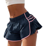 Womens Workout Gym Shorts Running Pleated Contrast Stitch Elastic Waist Athletic Quick Dry Shorts