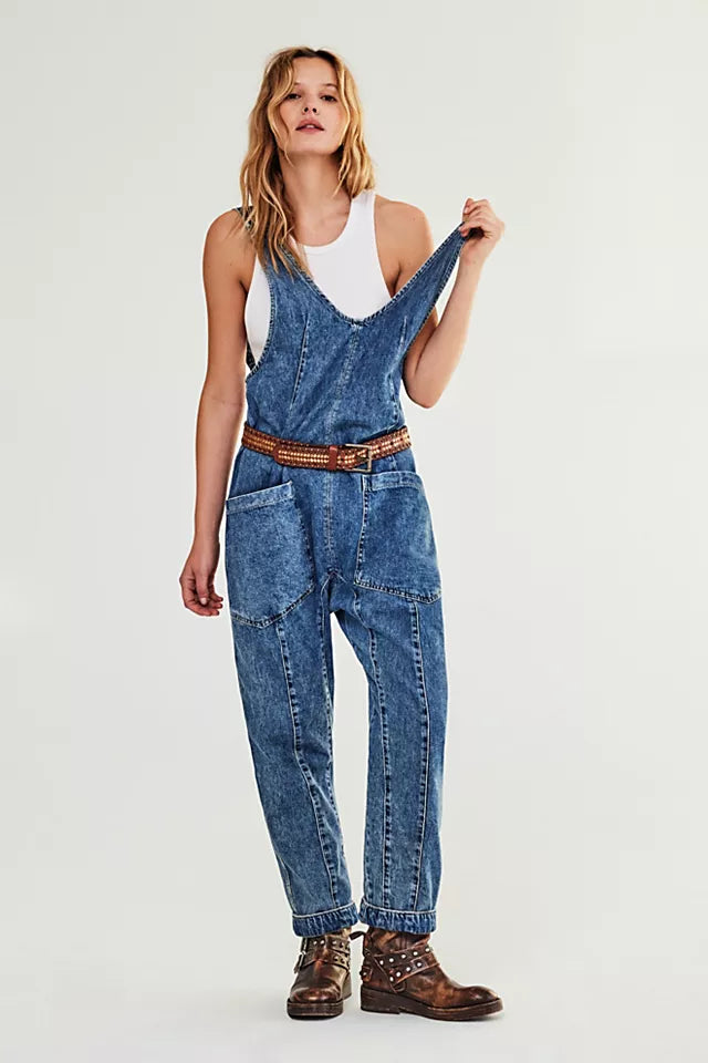 Women's V-Neck Casual Overalls Denim Jumpsuit With Pocket