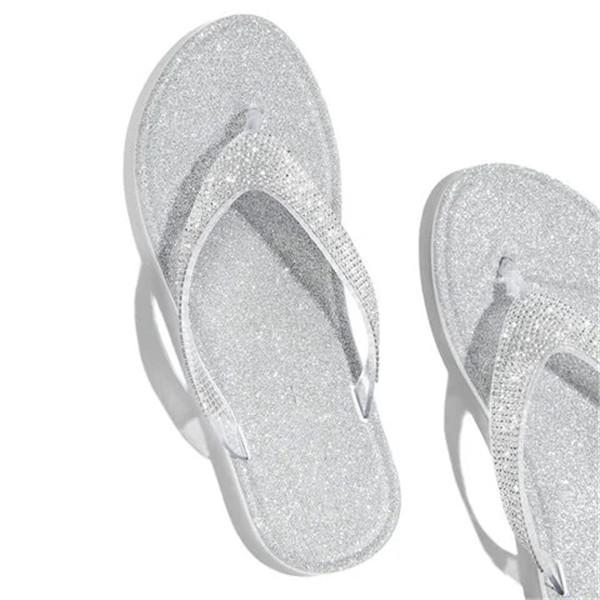 Kimemoda Womens Silver Summer Flip Flops Fashion Rhinestone Seaside Slides