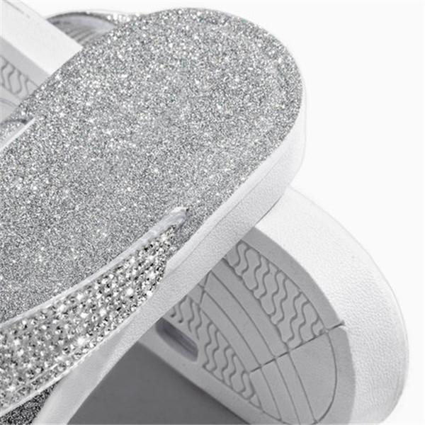 Kimemoda Womens Silver Summer Flip Flops Fashion Rhinestone Seaside Slides