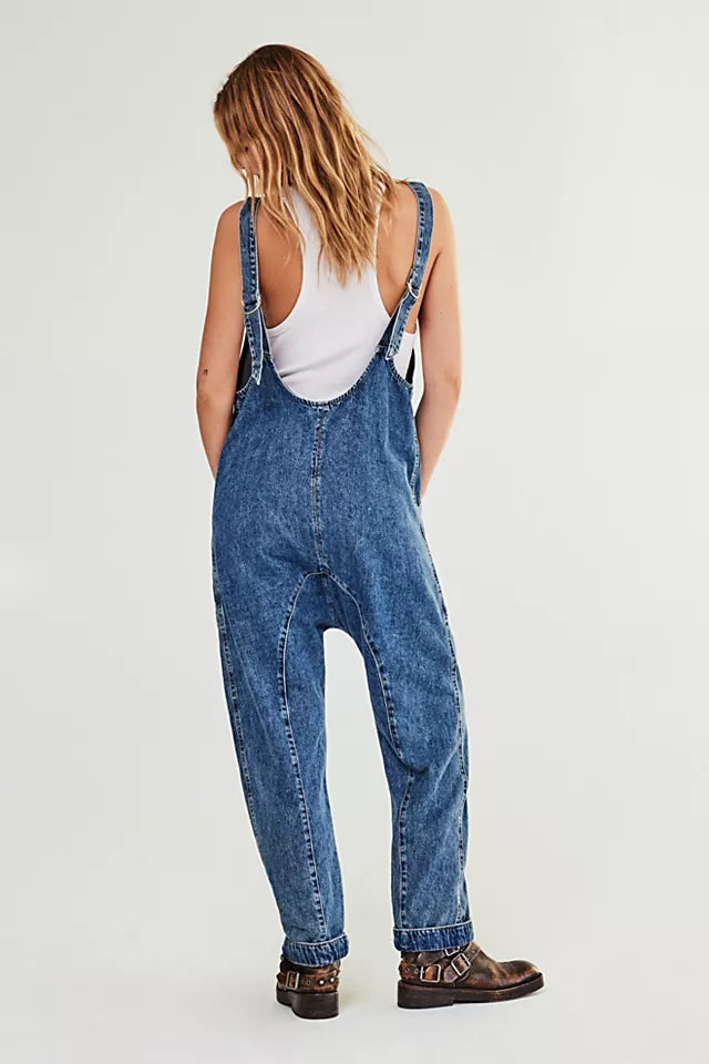 Women's V-Neck Casual Overalls Denim Jumpsuit With Pocket
