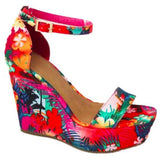 Kimemoda Printed Platform  Wedge Floral Open Toe Ankle Buckle Sandals