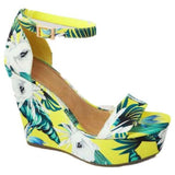 Kimemoda Printed Platform  Wedge Floral Open Toe Ankle Buckle Sandals