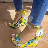 Kimemoda Printed Platform  Wedge Floral Open Toe Ankle Buckle Sandals