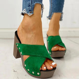 Kimemoda Womens Rivet Criss Cross Design Chunky Heeled Slides
