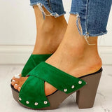 Kimemoda Womens Rivet Criss Cross Design Chunky Heeled Slides