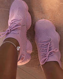 Kimemoda Breathable Solid Color Elastic Cuff Lace-up Comfortable Sneakers