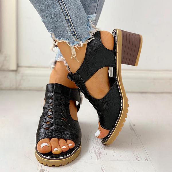 Kimemoda Peep Toe Cutout Zipper Chunky Heeled Sandals