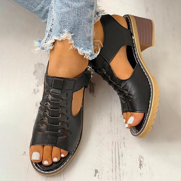 Kimemoda Peep Toe Cutout Zipper Chunky Heeled Sandals