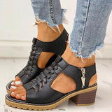 Kimemoda Peep Toe Cutout Zipper Chunky Heeled Sandals