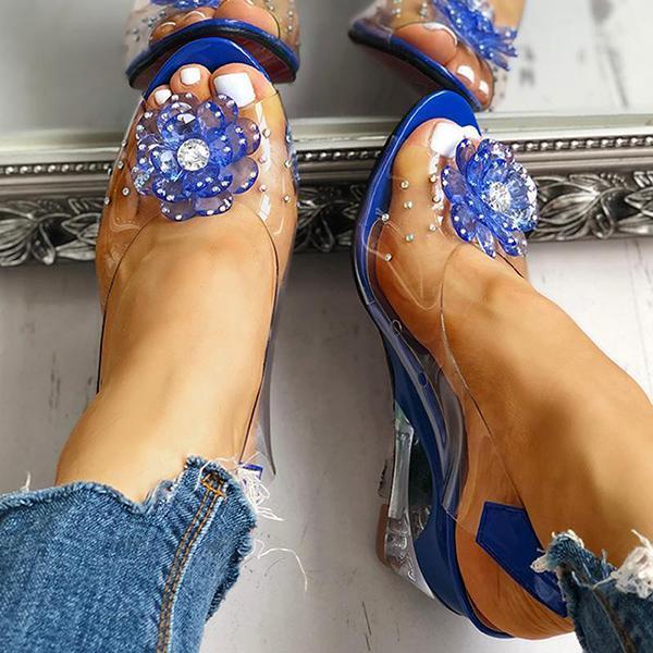 Kimemoda Studded Flower Design Clear Wedge Sandals Slip On Heels