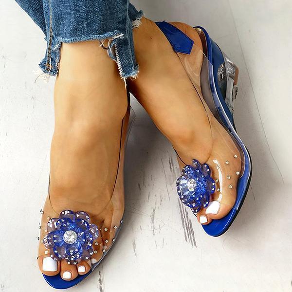 Kimemoda Studded Flower Design Clear Wedge Sandals Slip On Heels