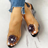 Kimemoda Studded Flower Design Clear Wedge Sandals Slip On Heels