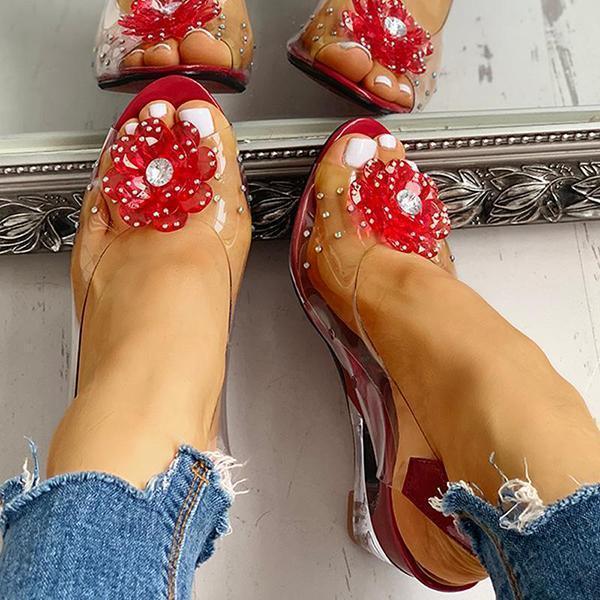 Kimemoda Studded Flower Design Clear Wedge Sandals Slip On Heels