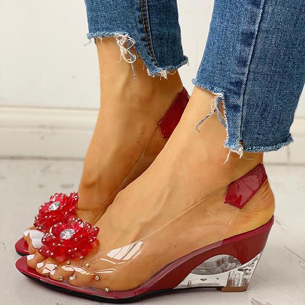 Kimemoda Studded Flower Design Clear Wedge Sandals Slip On Heels
