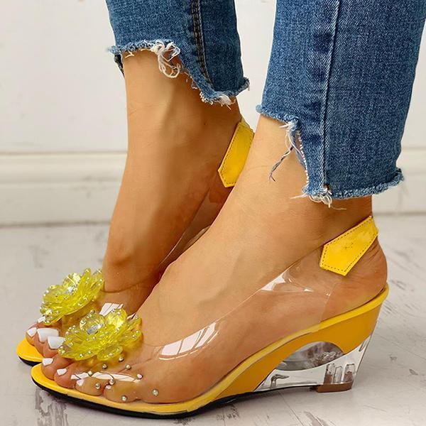 Kimemoda Studded Flower Design Clear Wedge Sandals Slip On Heels