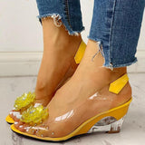 Kimemoda Studded Flower Design Clear Wedge Sandals Slip On Heels