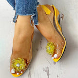 Kimemoda Studded Flower Design Clear Wedge Sandals Slip On Heels