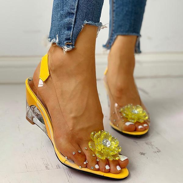 Kimemoda Studded Flower Design Clear Wedge Sandals Slip On Heels