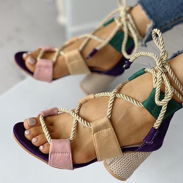 Kimemoda Colourblock Lace-up Sandals Chunky Block Heel Open Toe Sandals