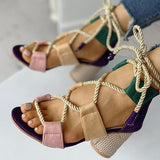 Kimemoda Colourblock Lace-up Sandals Chunky Block Heel Open Toe Sandals