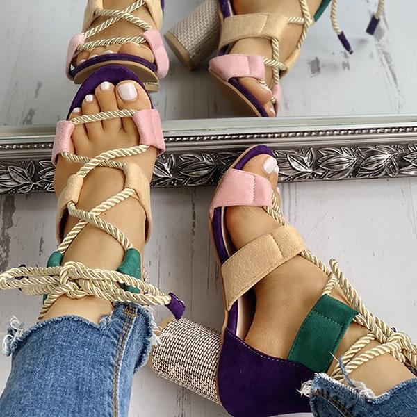 Kimemoda Colourblock Lace-up Sandals Chunky Block Heel Open Toe Sandals