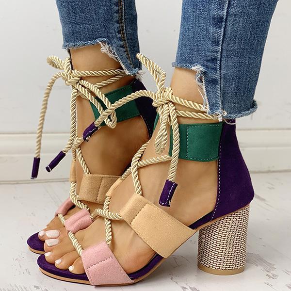 Kimemoda Colourblock Lace-up Sandals Chunky Block Heel Open Toe Sandals