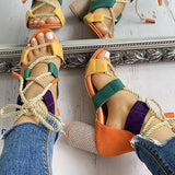 Kimemoda Colourblock Lace-up Sandals Chunky Block Heel Open Toe Sandals