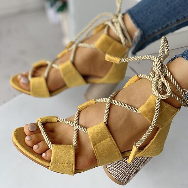 Kimemoda Colourblock Lace-up Sandals Chunky Block Heel Open Toe Sandals