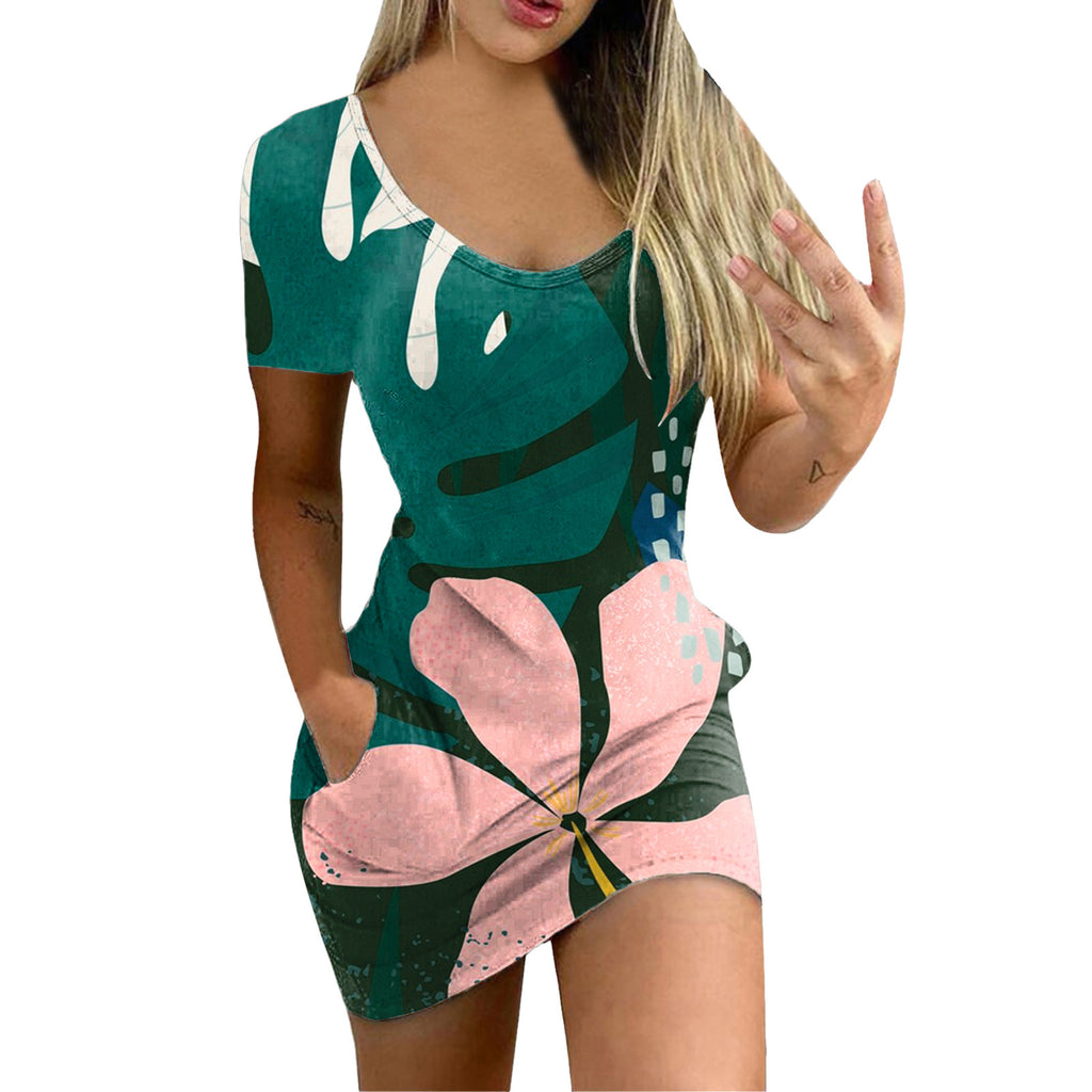 Women's Sexy Slim-Fit Solid Color Printed Short-Sleeved Dresses