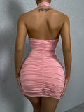 Women's Lanyard Hip Skirt Sexy Cross Collar Halter Neck Pleated Dresses