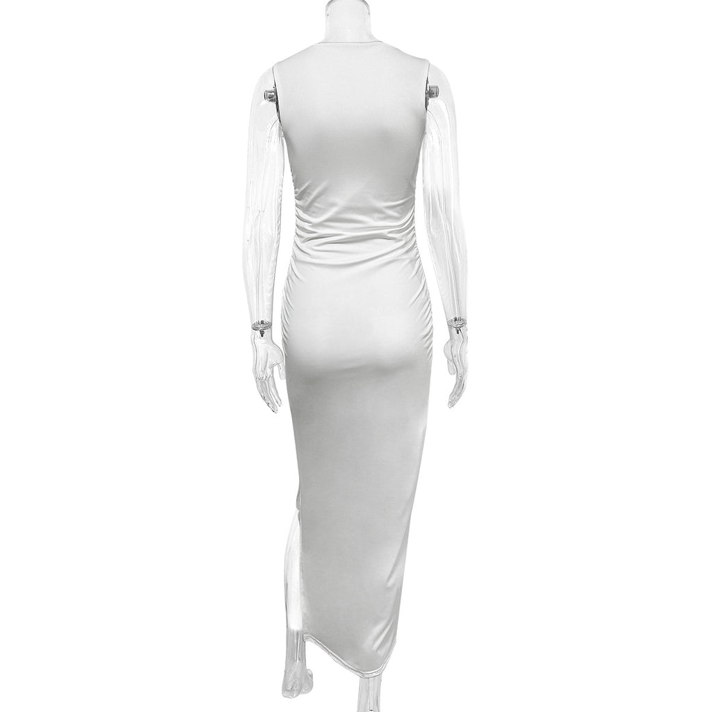 Women's Summer Sexy Fashion Round Neck Dress Pleated Hip-Wrapped Slim Slit Long Dresses