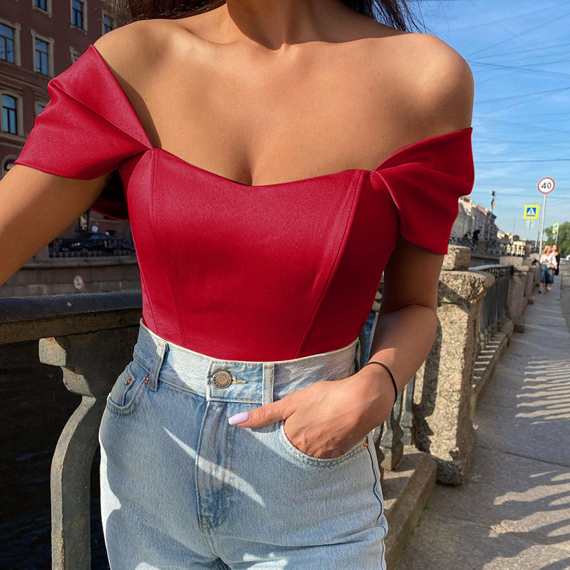 Women's Summer Fishbone Waist Tube Top Satin Off Shoulder Tops