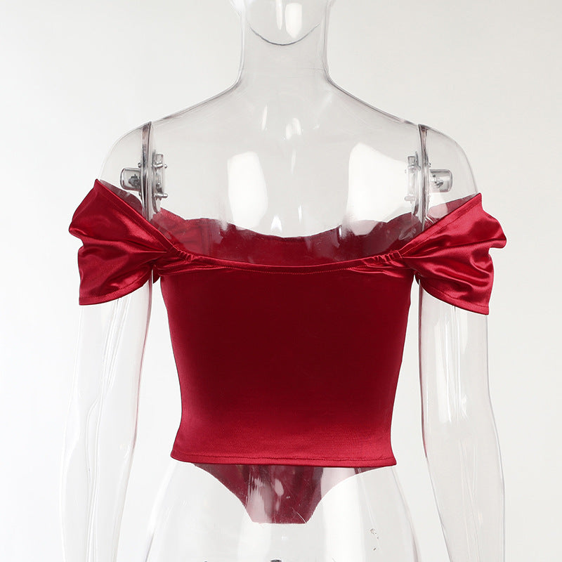 Women's Summer Fishbone Waist Tube Top Satin Off Shoulder Tops